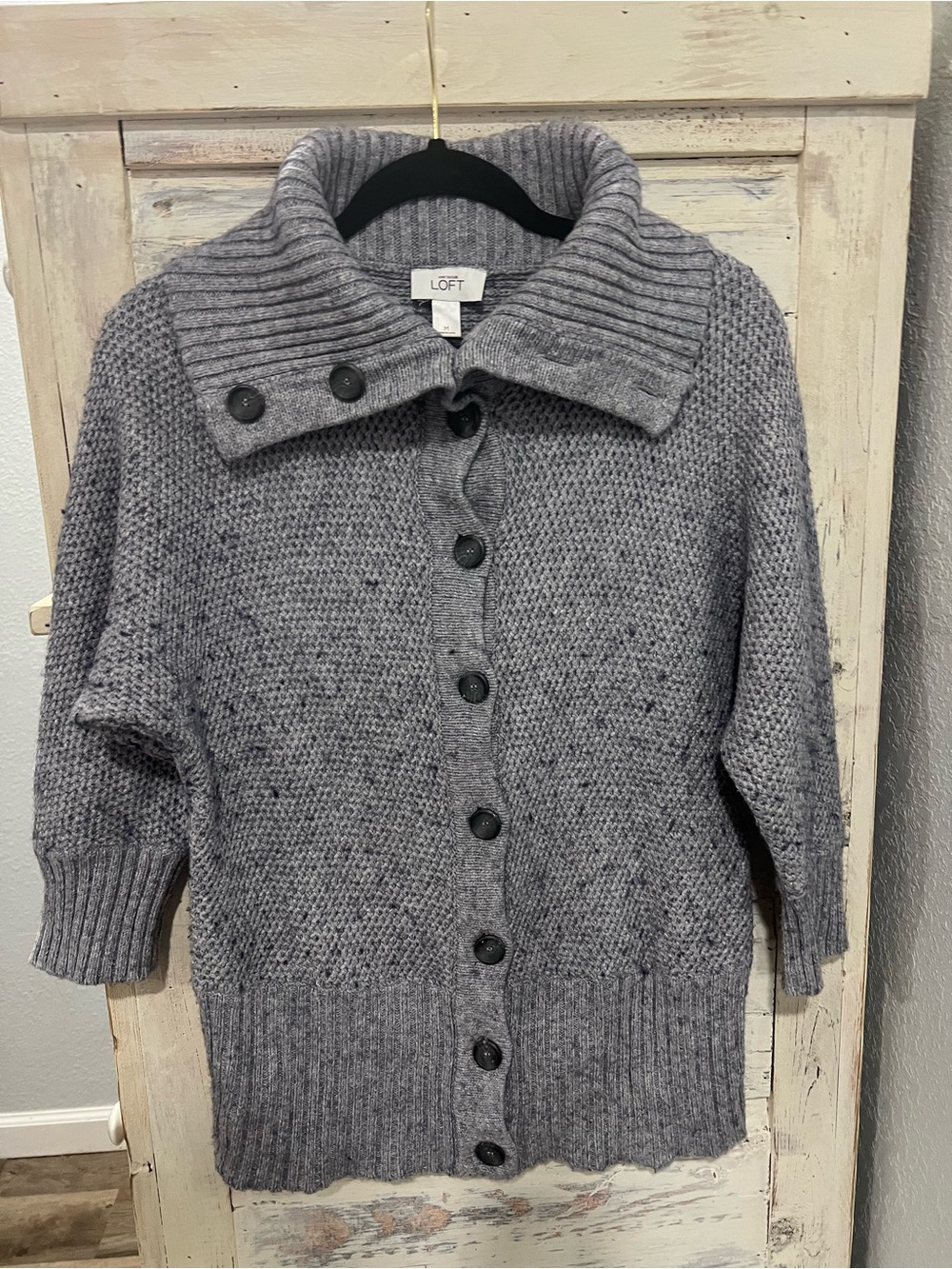 Ann Taylor Gray Chunky Ribbed Collar Button-Front Cardigan